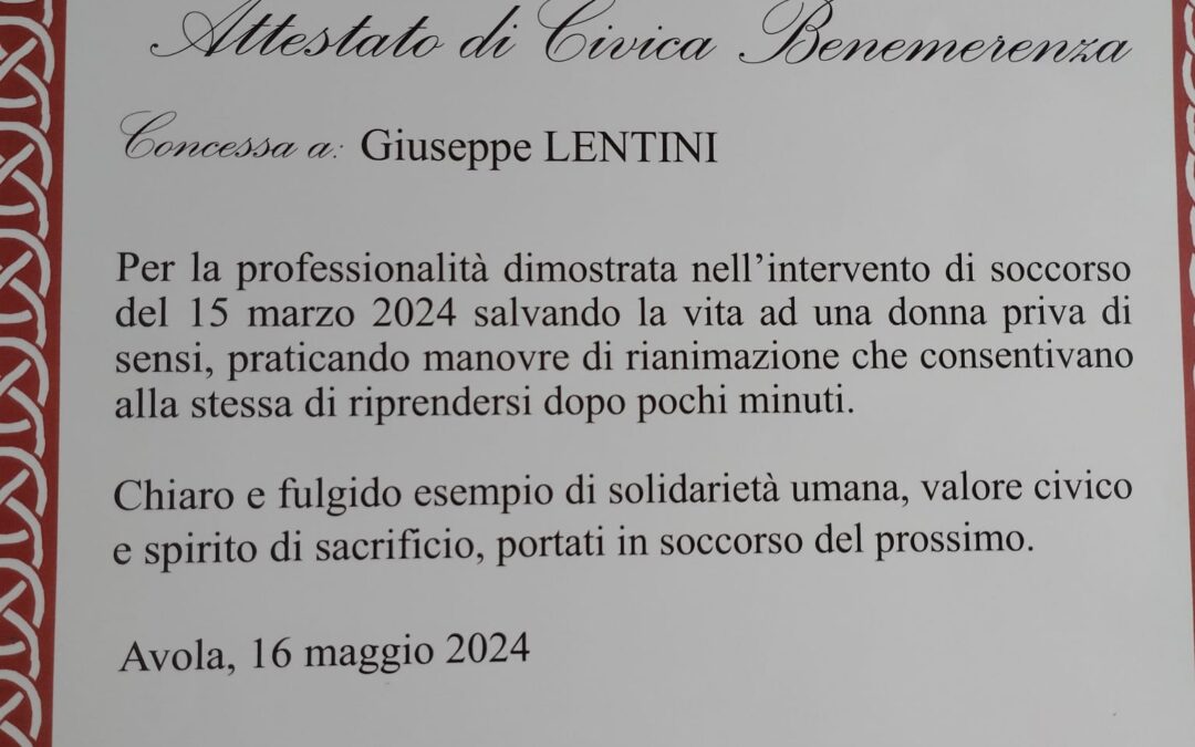Sicilia: rianima una donna, Comune di Avola conferisce benemerenza a Giuseppe Lentini
